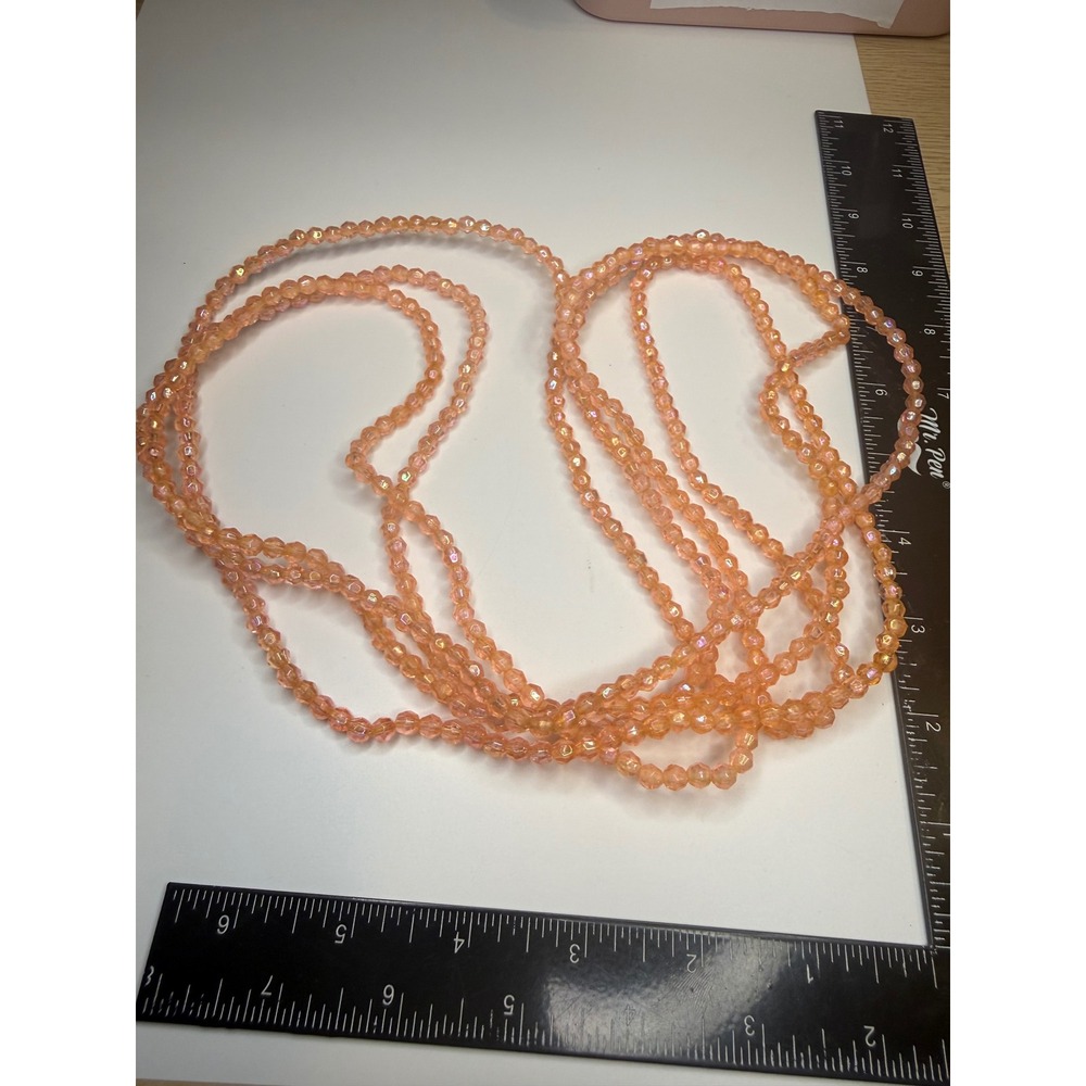 Vintage Peach AB Iridescent Faceted Glass Bead Long Strand Necklace 100 Inch